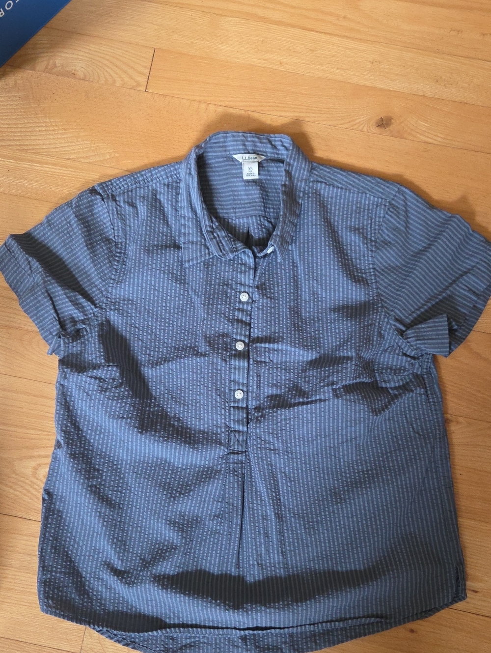 L.L. Bean Short-Sleeve Navy Blue Button-Down, Strioed Stripe